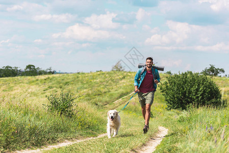 旅行者在夏日草地的小路上与狗一起奔跑图片
