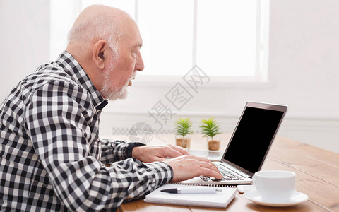 高级男子使用带空白屏幕后视图的手提电脑模型图片
