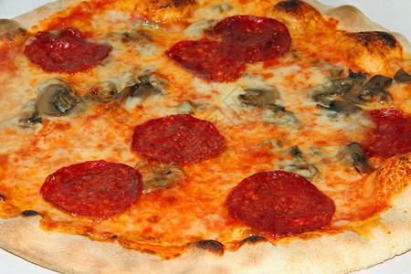 用柴火烤制的意大利辣香肠蘑菇和马苏里拉芝士披萨图片