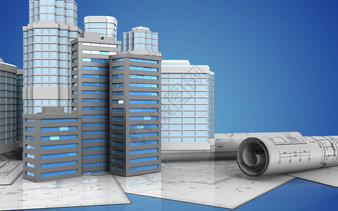 3d以蓝色背景的城市建筑和城图片
