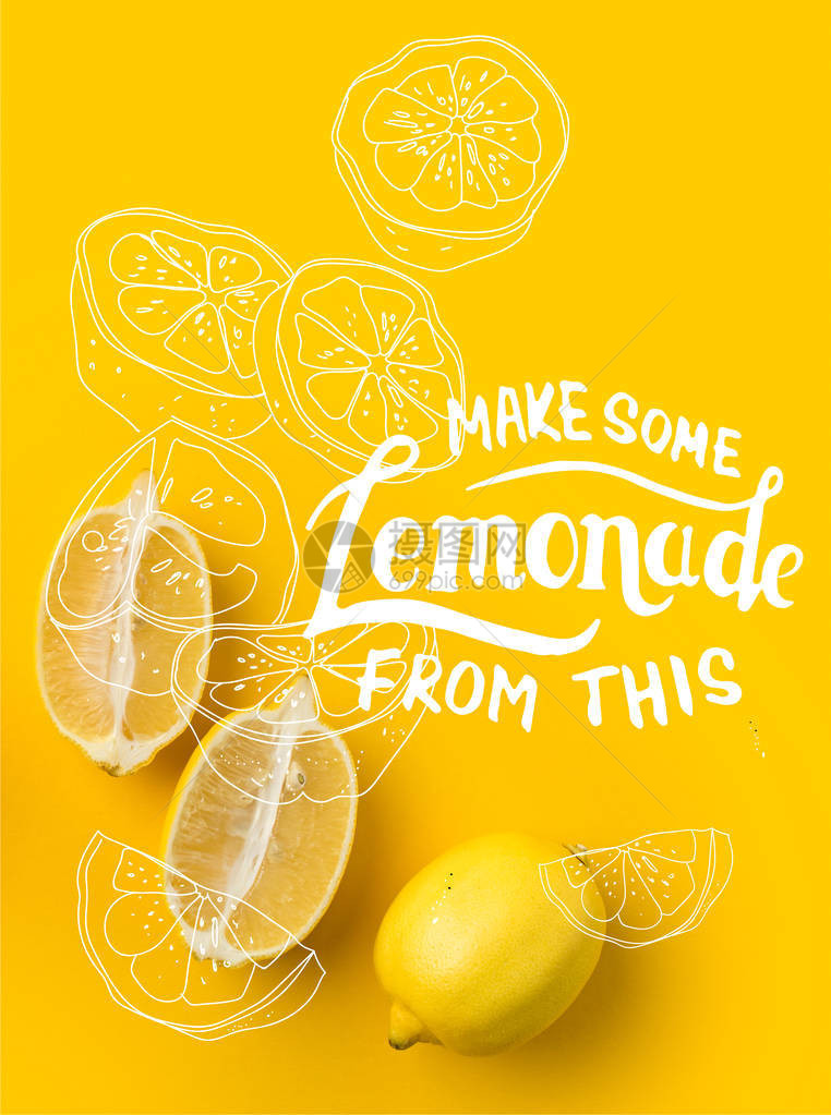 在黄色上隔离的柠檬和单柠檬两半图片