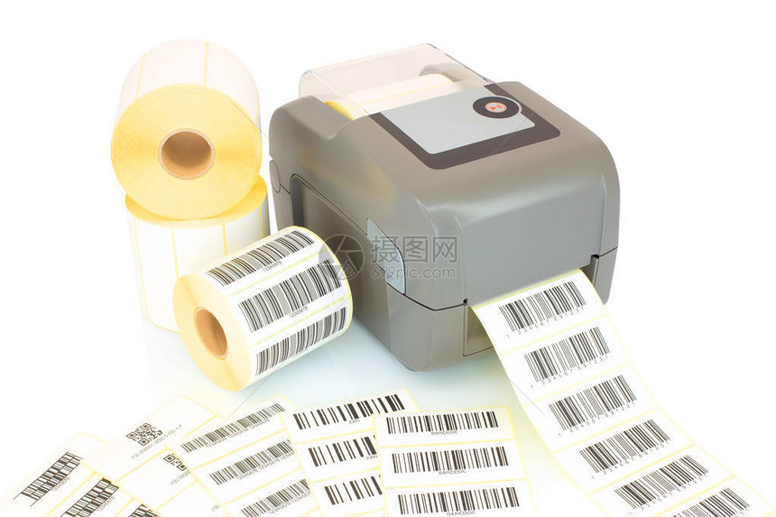 卷打印的条形码和打印机隔离在带有阴影反射的上的卷轴与打印机用于直接热敏或热转图片