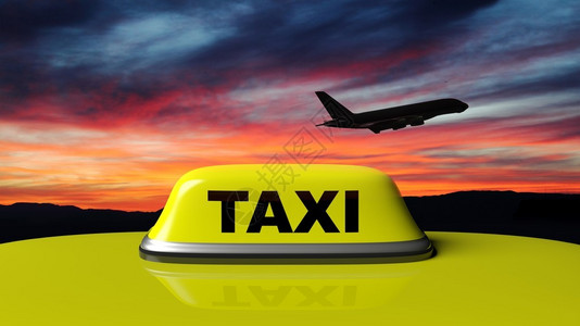 黄色出租车顶标志有日落天空和背景图片