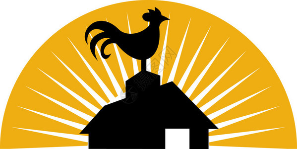公鸡在农舍或谷仓顶部打鸣的插图图片