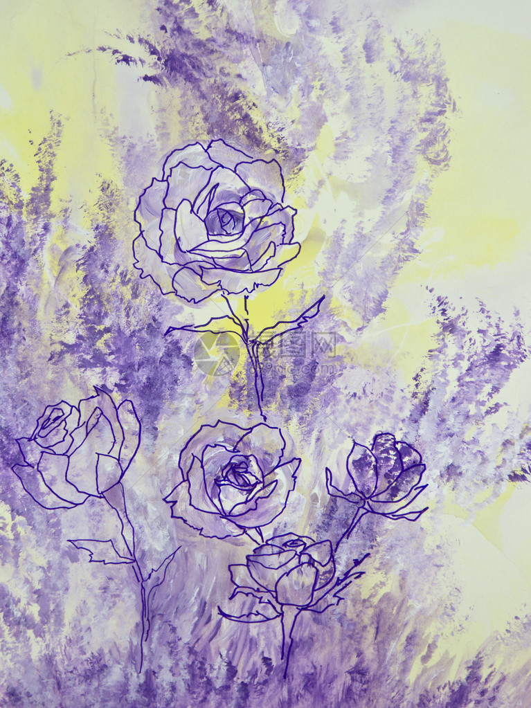 熏衣草玫瑰的紫色线图画设置在黄色和紫色的图片
