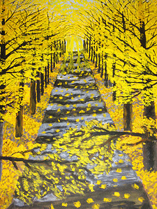 手绘油画秋天的金色大道背景图片