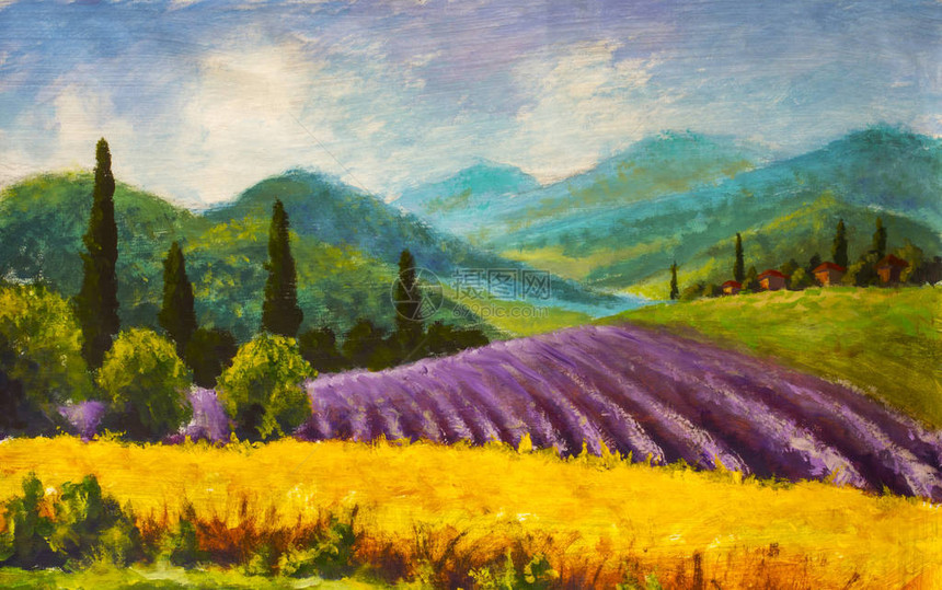 油画意大利夏季乡村薰衣草紫色的田野法国托斯卡纳黄色黑麦的领域山上的和高柏树背景中的山脉油画调色刀在画布上涂抹现代印象派图片