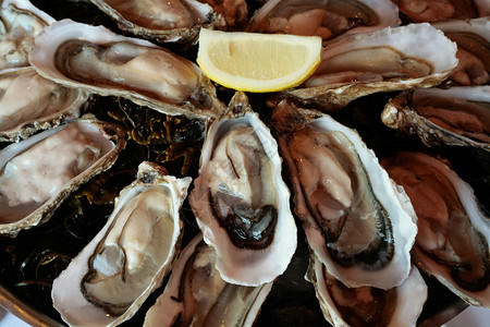 新鲜的牡蛎和柠檬板背景图片