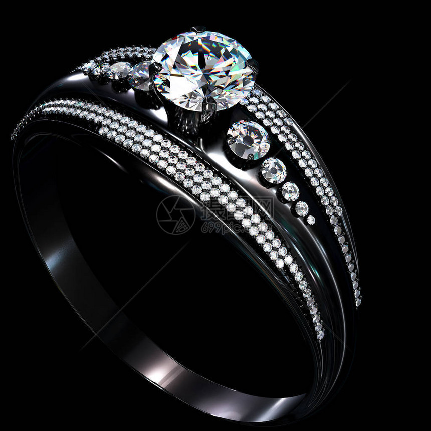 黑金订婚戒指与钻石宝带有铑或钌涂层和宝石的豪华珠宝首饰金属表面上的光耀斑图片