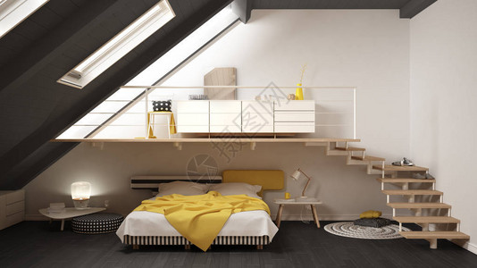 微小卧室伽利和黄色经典室内设计图案Loftmezz设计图片
