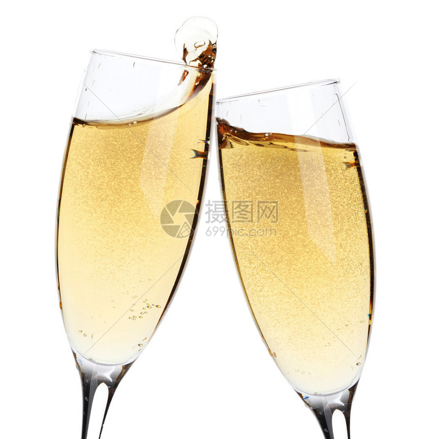 干杯两个香槟杯在白色背景上被隔离图片
