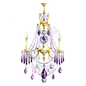 带有紫色水晶和珠子的经典枝形吊灯的水彩插图图片