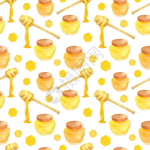 水彩养蜂无缝模式手绘蜂蜜罐勺子和棍子蜂窝用于设计装饰食品包装的图片