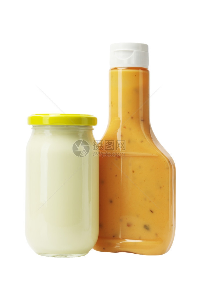 蛋黄酱和千岛在白色背景的玻图片