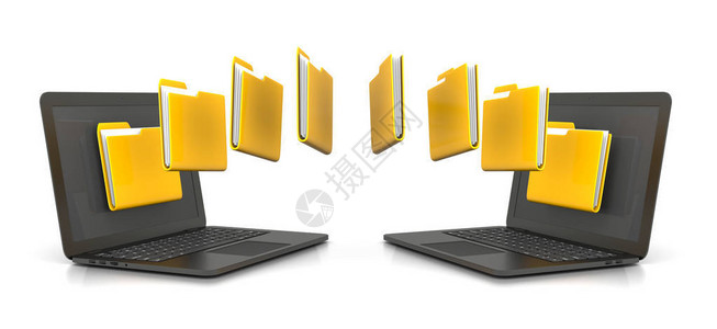 两台笔记本电脑传输黄色文件夹数据背景图片