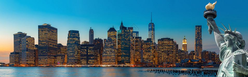 晚上好纽约市天线全景和自由女图片