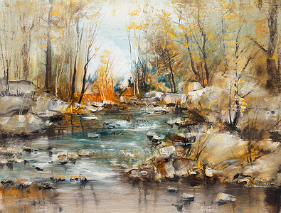 有石头的森林小溪油画艺术背景图片