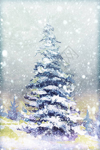 冬天雪圣诞冷杉松树上模糊的雪花艺术手工厚涂质感特写油画冷杉树背景图片