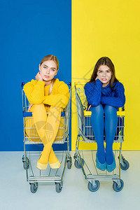 蓝色和黄色背景的购物车中的女时装图片