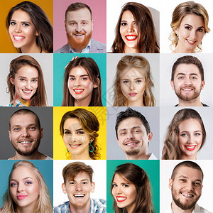 人们快乐的笑脸拼贴画快乐的男人和女人表达不同的积极情绪人类情感图片