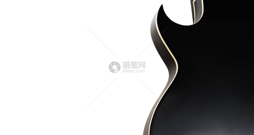 黑色电摇滚吉他光滑的形状轮廓与尖锐的喇叭榫在白色背景隔离钢弦爵士摇滚吉他文本空间网络音乐博客图片