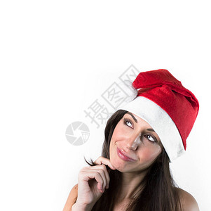美丽的女人肖像与白色上的圣诞老人帽子圣诞节和新年快乐消息作为问候电图片