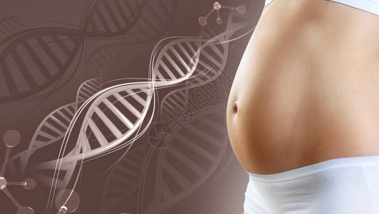 年轻孕妇在DNA中抚摸腹部遗传科学概图片