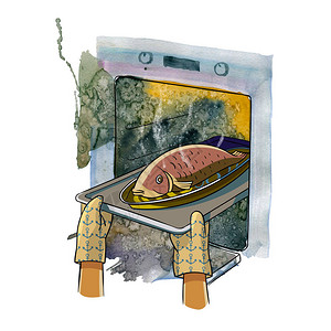 手从烤盘上移开烤鱼从烤箱里拿出来图片