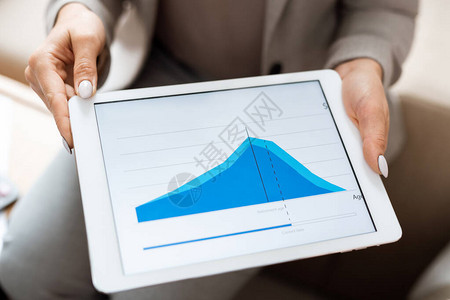 房地产代理手持数字平板电脑显示蓝色财务图表并同时向客户呈报的图片