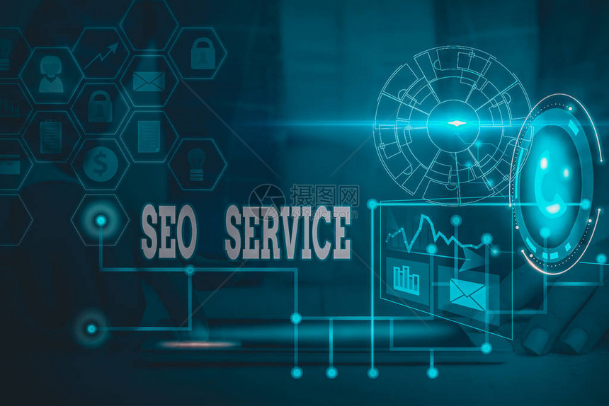 SeoService展示SeoService的书写说明提高网站可见度的技术和程序的商业概念利用现代智能设备制作