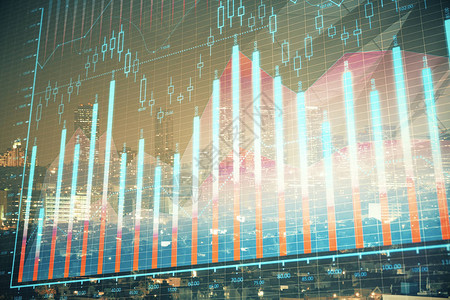 夜间城市风景的金融图表高楼的背景多重接触分图片