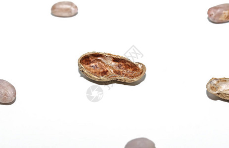 在白色背景上分离的花生壳坚果壳和去皮花生的顶部视图背景图片