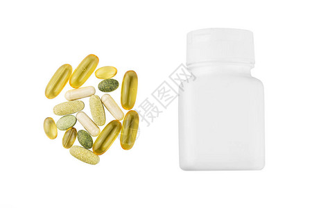 3氨基葡萄糖胶囊多种维生素补充剂和白色容器图片