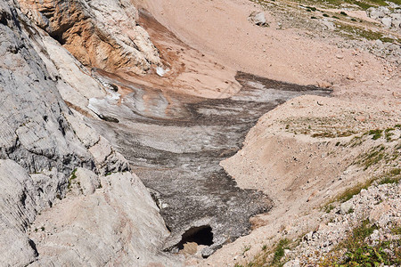 在高原悬崖脚下几乎融化的冰川的最图片