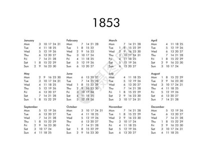 所有月份的1853年老式日历图片