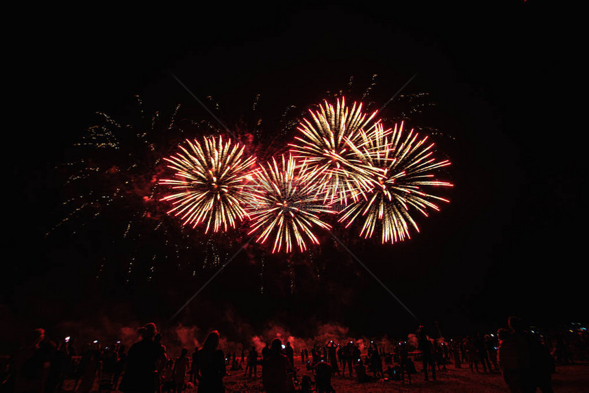 月4日独立日前未来派烟花节表演在深黑色背景天空图片