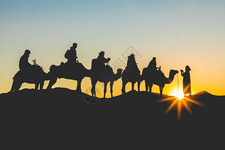 骆驼大篷车载着人们穿过撒哈拉沙漠的沙丘图片