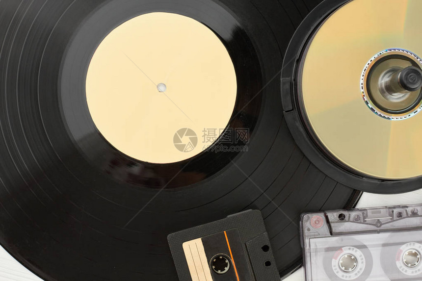 关闭黑胶唱片光盘和磁带乙烯基板音频盒式磁带和DVD盘的细节复图片