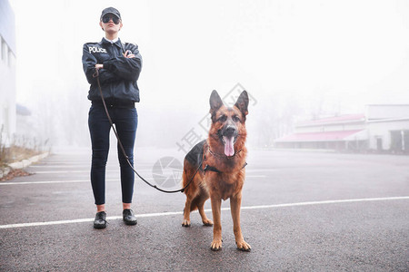 带着狗巡逻城市街道的女警官图片