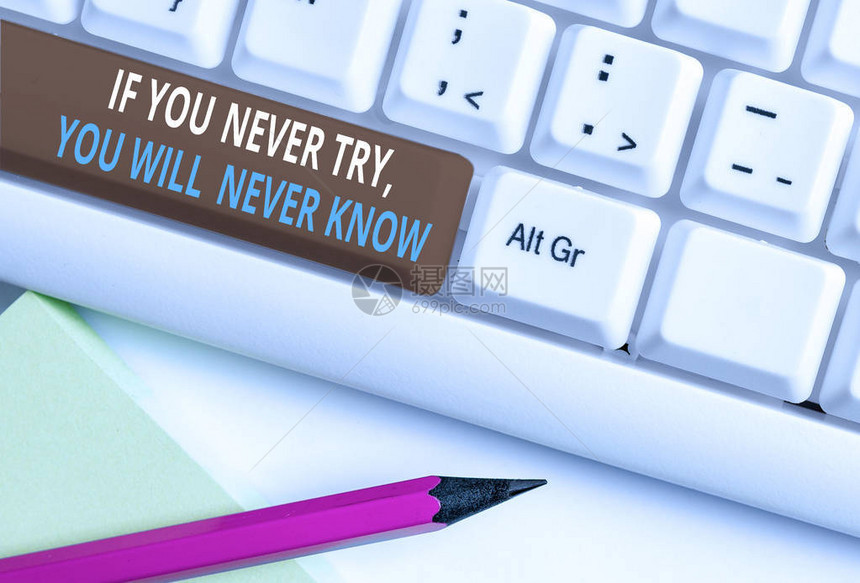 写笔记显示如果你从不尝试你永远不会知道制造新事物的灵感的商业概念白色pc键盘图片