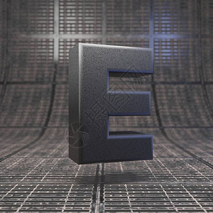 黑色字母E大写DLSR相机身塑料质感字母在金属地板上3D渲背景图片