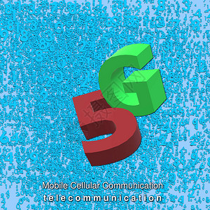 3D插图5G海报第五代网络连接蜂窝移动通信蓝色背景与大量随机分散的数字背景图片