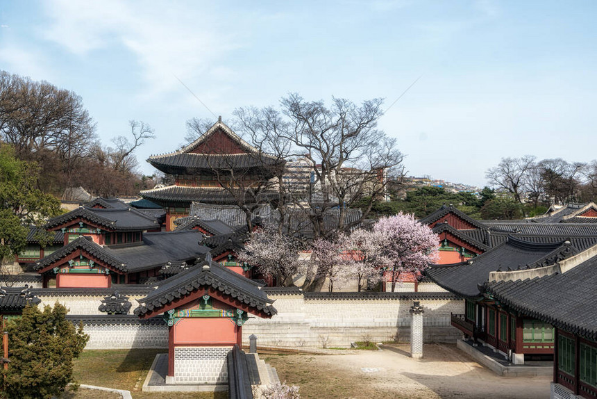 从附近的咖啡馆屋顶拍摄的昌德宫的景色历史宫殿是韩国首尔的主要图片