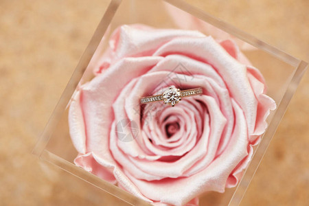 美丽的订婚戒指在粉红金属彩图片