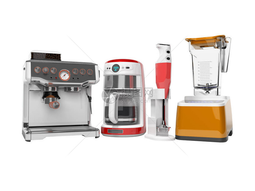 用于厨房rozhkovy咖啡机咖啡机搅拌机的家用电器概念组3d渲染插图白图片