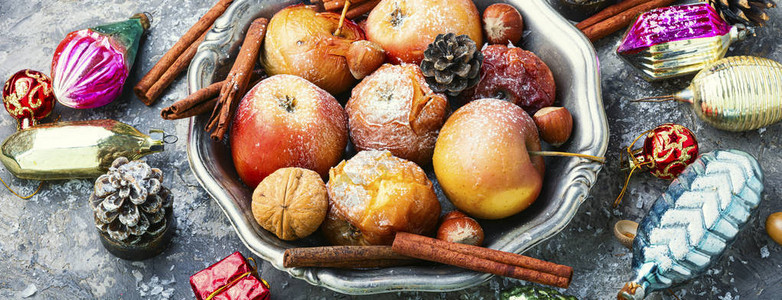 水果甜点烤红苹果圣诞节食品背景图片