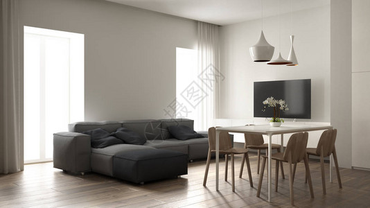 小型室内设计现代灰色沙发配有木椅的餐桌平面地板豪华套装灯建图片