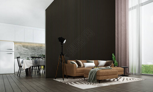 现代豪华客厅室内设计和木条纹理墙图案背景和厨背景图片