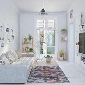 斯堪的纳维亚北欧舒适的客厅的3d渲染图片