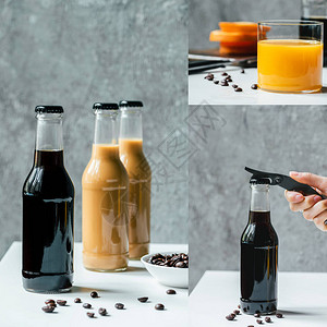 瓶装冷泡咖啡拼贴带开瓶器的橙汁女手图片